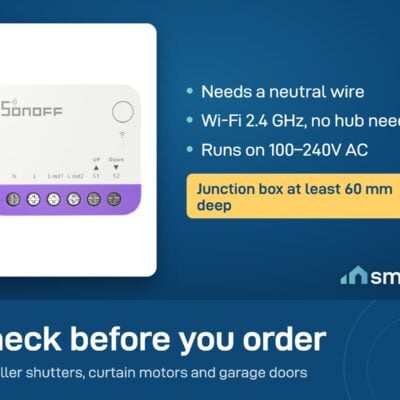 Sonoff MINI-RBS needs a neutral wire, Wi-Fi 2.4 GHz and a junction box at least 60 mm deep, runs on 100-240V AC, no hub needed