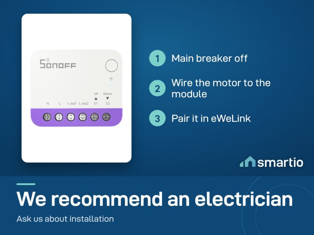 Sonoff MINI-RBS install: breaker off, wire the motor to the module, pair in eWeLink
