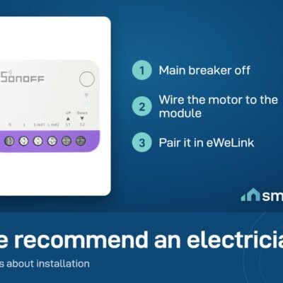 Sonoff MINI-RBS install: breaker off, wire the motor to the module, pair in eWeLink