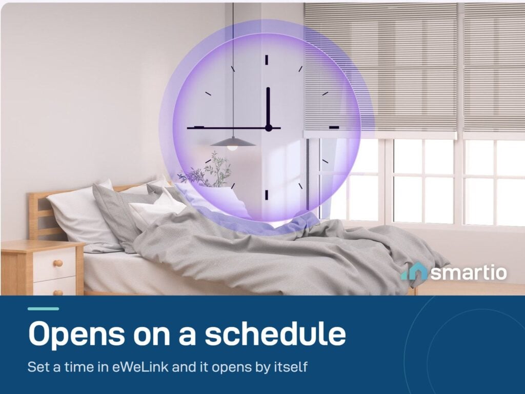 Sonoff MINI-RBS opening a bedroom curtain on a schedule set in the eWeLink app