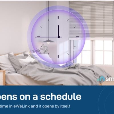 Sonoff MINI-RBS opening a bedroom curtain on a schedule set in the eWeLink app