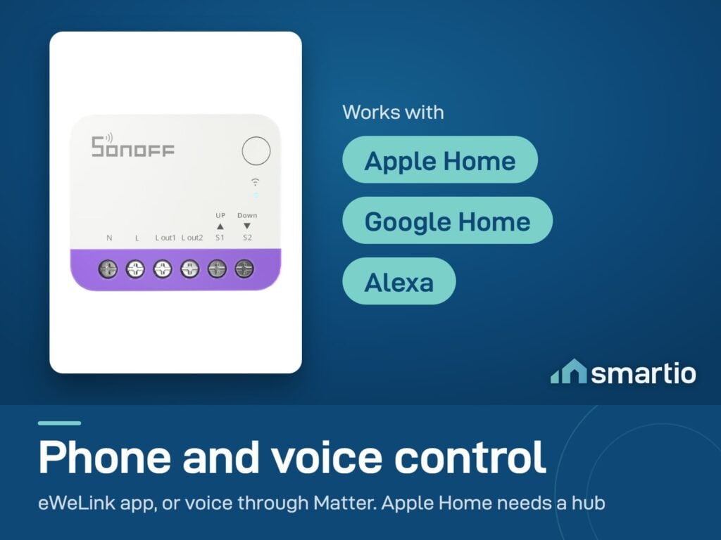 Sonoff MINI-RBS works with the eWeLink app, and with Apple Home, Google Home and Alexa through Matter