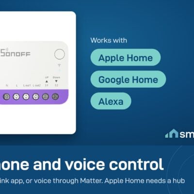 Sonoff MINI-RBS works with the eWeLink app, and with Apple Home, Google Home and Alexa through Matter