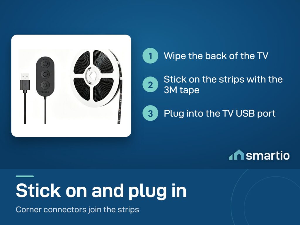 Govee Bluetooth TV backlight install: wipe the TV edge, stick on the strips, plug into the TV USB port