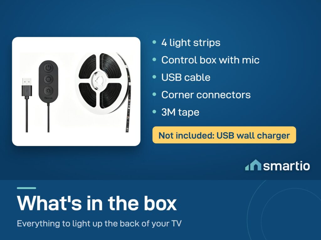 What's in the Govee Bluetooth TV backlight box: 4 strips, control box, USB cable, corner connectors, tape