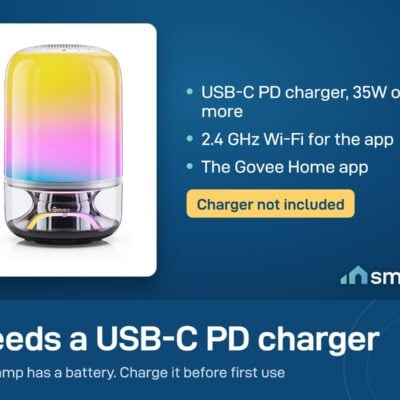 Govee Table Lamp 2 Pro x Sound by JBL needs a USB-C PD charger of 35W or more, sold separately, and 2.4 GHz Wi-Fi