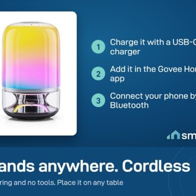 Govee Table Lamp 2 Pro x Sound by JBL setup: charge by USB-C, add it in Govee Home, connect your phone by Bluetooth