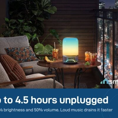Govee Table Lamp 2 Pro x Sound by JBL glowing on a balcony table at night, running on its 5200 mAh battery