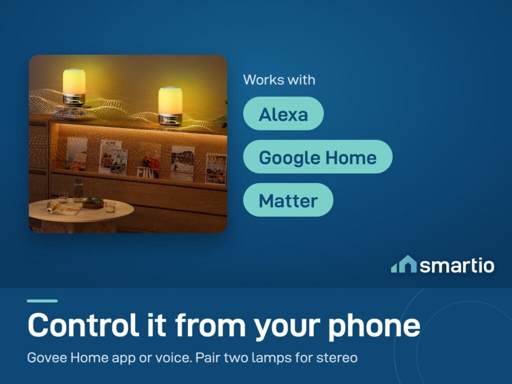 Two Govee Table Lamp 2 Pro x Sound by JBL lamps paired for stereo; they work with Govee Home, Alexa, Google Home and Matter