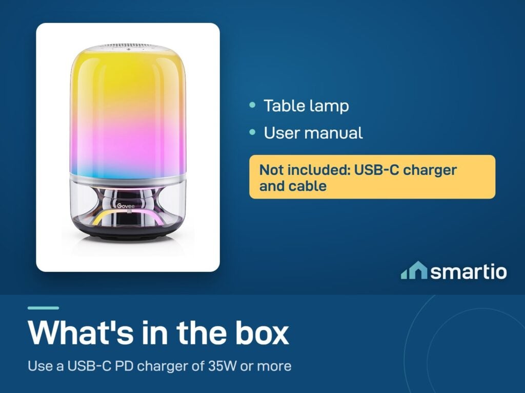 What's in the Govee Table Lamp 2 Pro x Sound by JBL box: lamp and manual. USB-C charger and cable not included