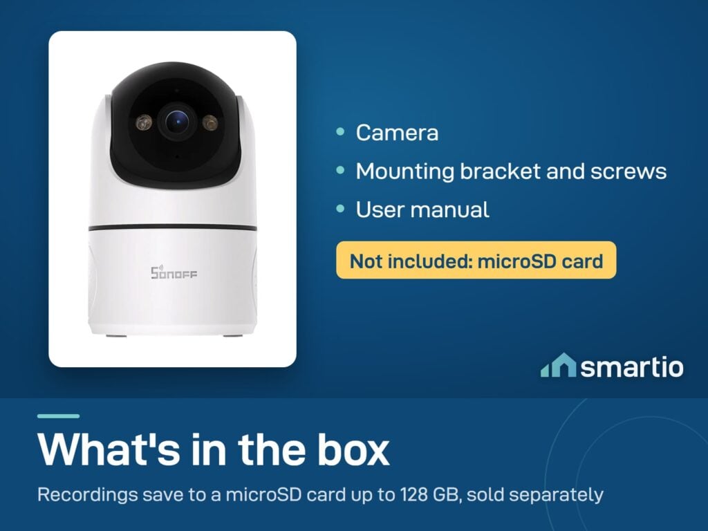 What's in the Sonoff CAM Pan-Tilt 2 box: camera, bracket and screws, manual. microSD card not included
