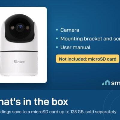 What's in the Sonoff CAM Pan-Tilt 2 box: camera, bracket and screws, manual. microSD card not included