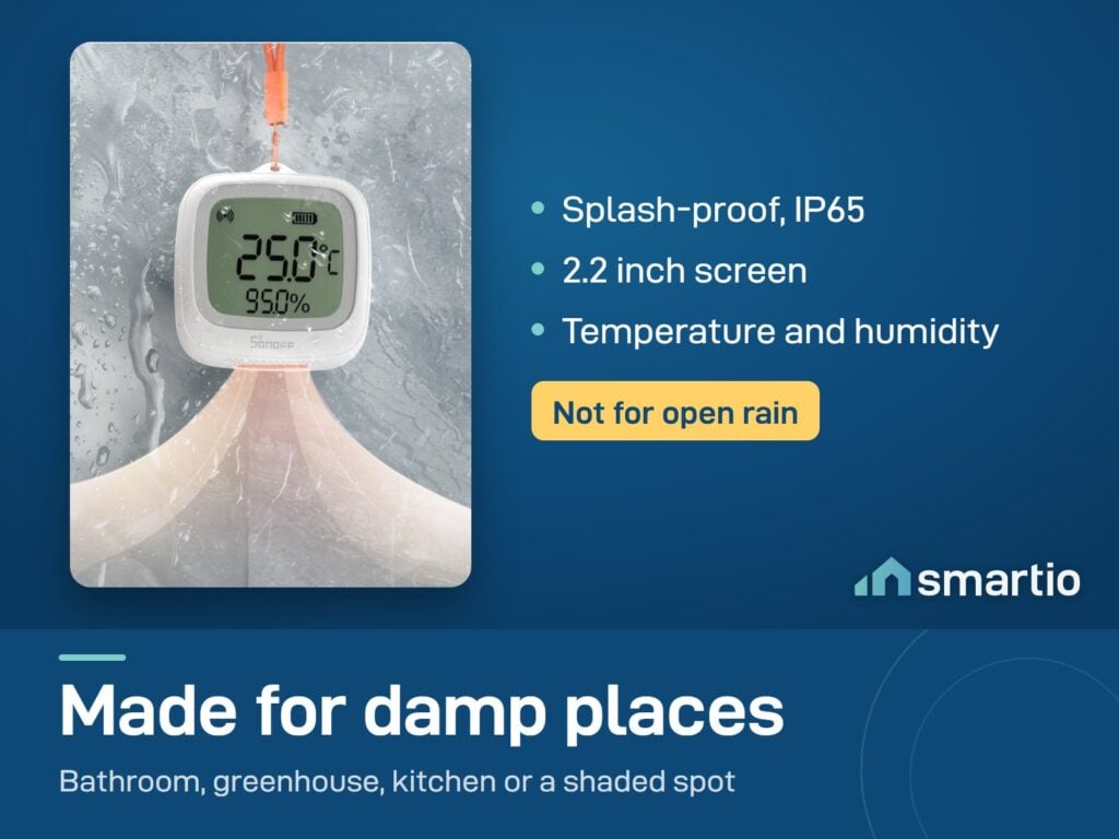 Sonoff SNZB-02WD IP65 LCD thermometer hanging on a wall while water splashes it. It is splash-proof, not for open rain