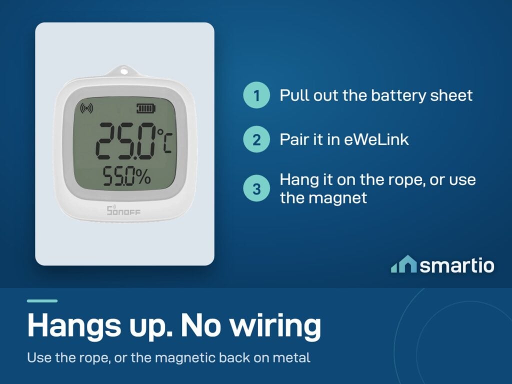 Sonoff SNZB-02WD setup: pull out the battery sheet, pair in eWeLink, hang it on the rope or fix it to metal with the magnet