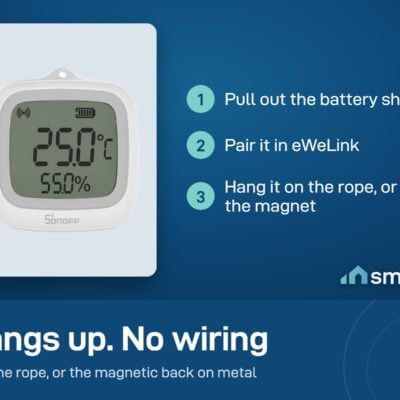 Sonoff SNZB-02WD setup: pull out the battery sheet, pair in eWeLink, hang it on the rope or fix it to metal with the magnet