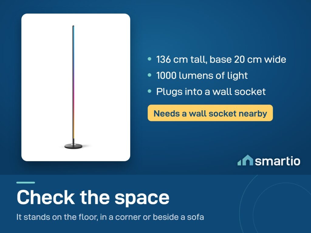 Govee Floor Lamp Basic size: 136 cm tall, base 20 cm wide, 1000 lumens, plugs into a wall socket