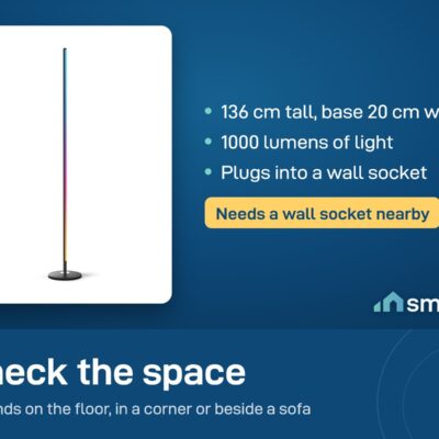 Govee Floor Lamp Basic size: 136 cm tall, base 20 cm wide, 1000 lumens, plugs into a wall socket