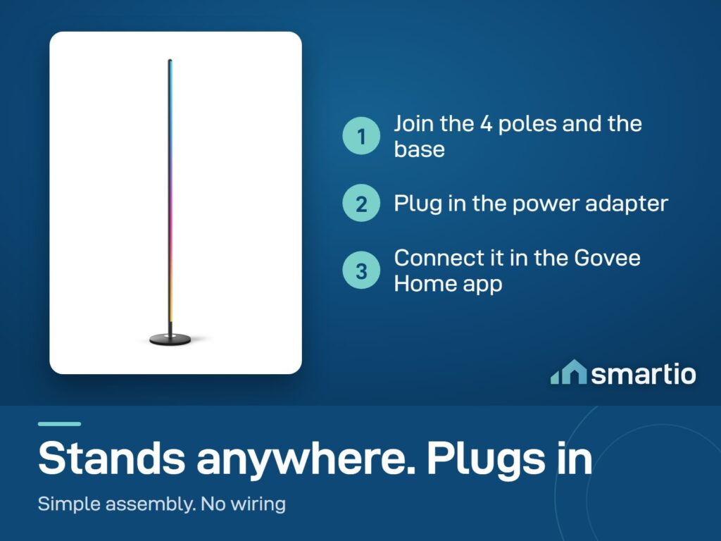 Govee Floor Lamp Basic setup: join the poles and base, plug in the adapter, connect in Govee Home