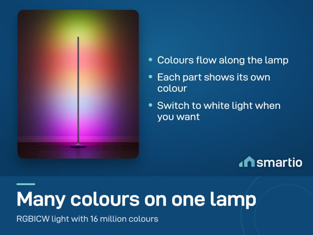 Govee Floor Lamp Basic glowing in several colours along its slim pole in a dark room
