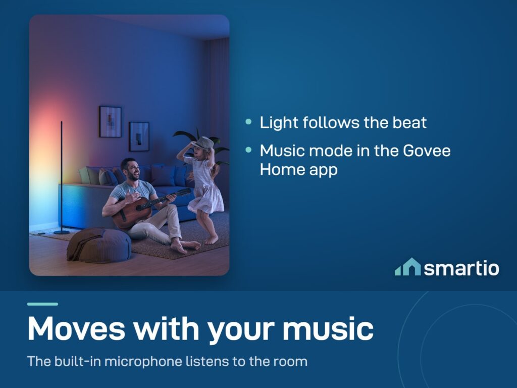 A father plays guitar and his daughter dances in a room lit by two Govee Floor Lamp Basic lamps in music mode