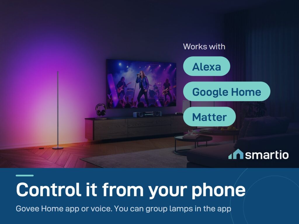 Govee Floor Lamp Basic works with the Govee Home app, Alexa, Google Home and Matter; lamps can be grouped