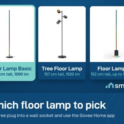 Govee floor lamps compared: Floor Lamp Basic 136 cm and 1000 lumens, Tree 157 cm and 1500, Floor Lamp 2 152 cm and 1725