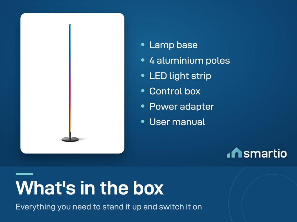 What's in the Govee Floor Lamp Basic box: base, 4 aluminium poles, LED light strip, control box, power adapter, manual