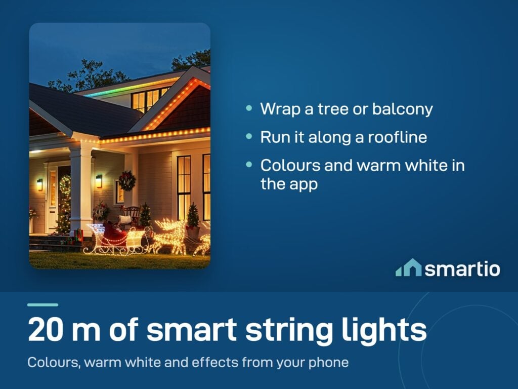 Govee String Lights 2S, 20 m long, lighting the roofline and porch of a house at night