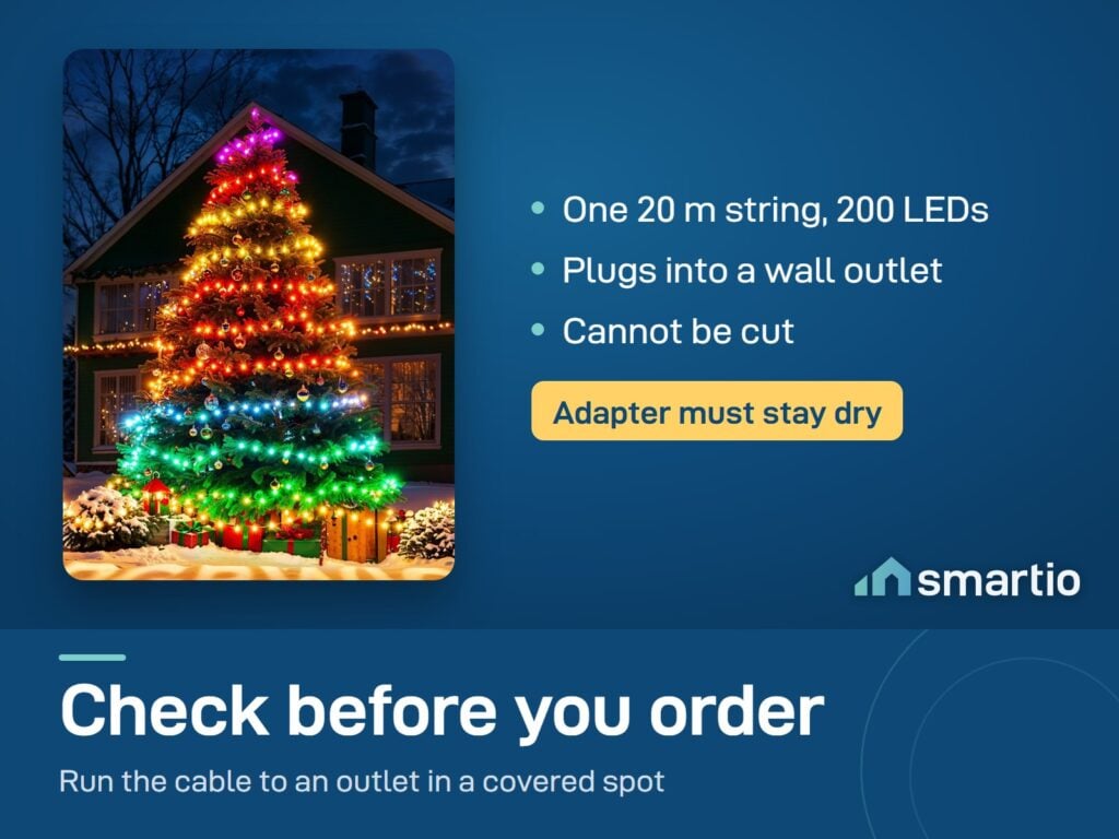 Govee String Lights 2S wrapped on a tree: one 20 m string with 200 LEDs, plugs into an outlet, cannot be cut