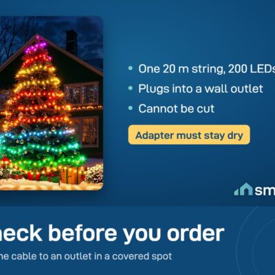 Govee String Lights 2S wrapped on a tree: one 20 m string with 200 LEDs, plugs into an outlet, cannot be cut