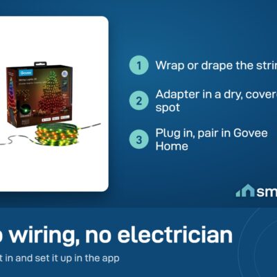 Govee String Lights 2S setup: wrap the string, put the adapter in a dry covered spot, plug in and pair in Govee Home