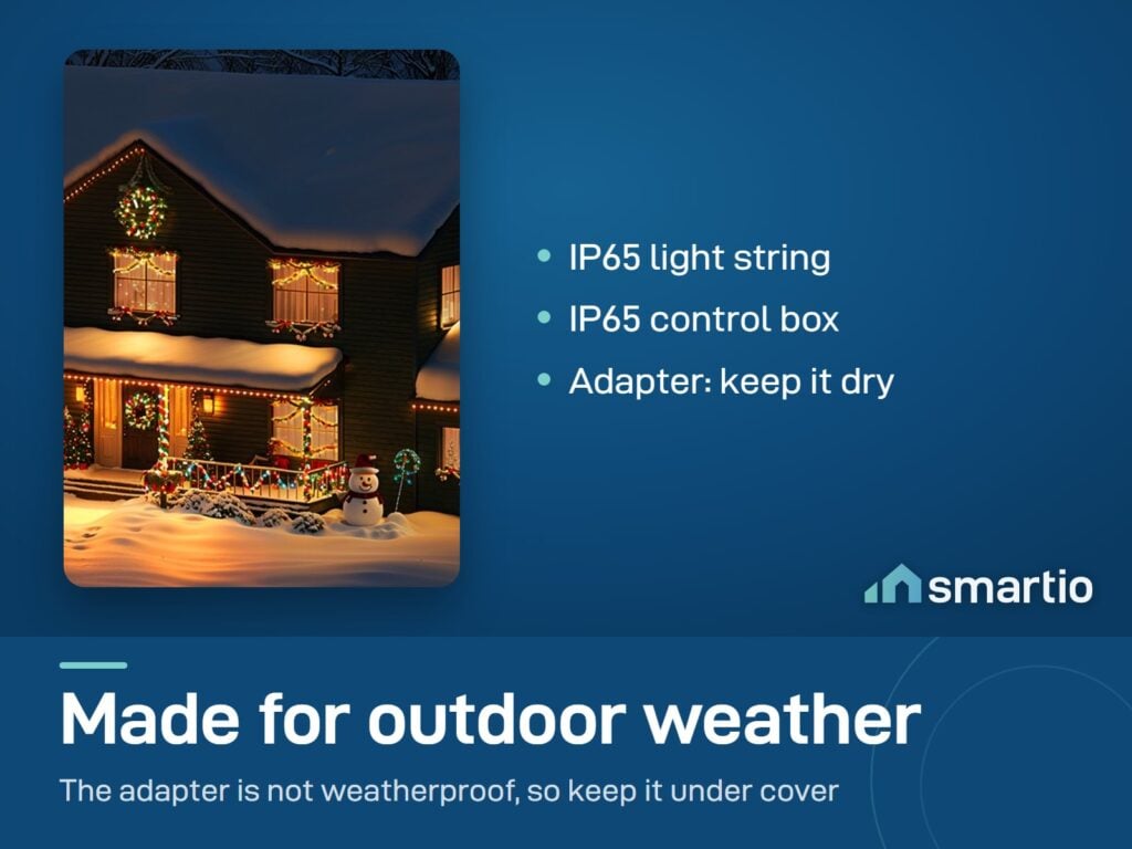 Govee String Lights 2S on a snowy house: IP65 string and control box, adapter for a dry spot