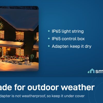 Govee String Lights 2S on a snowy house: IP65 string and control box, adapter for a dry spot