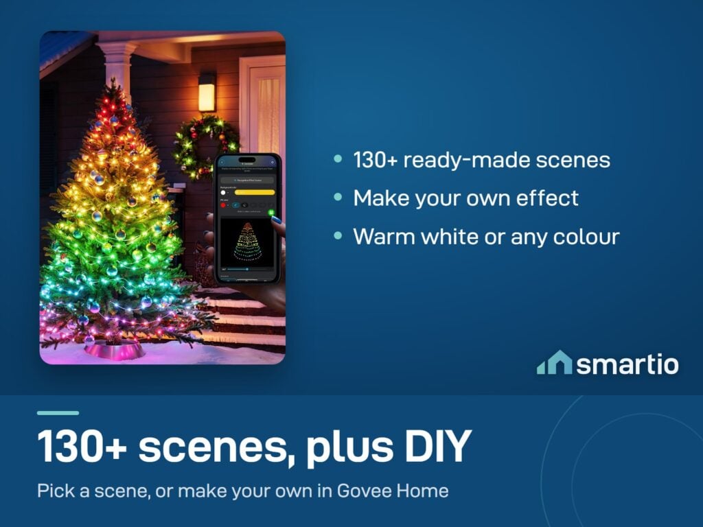 Govee String Lights 2S around a tree with the Govee Home app on a phone showing a lighting effect