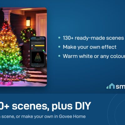 Govee String Lights 2S around a tree with the Govee Home app on a phone showing a lighting effect