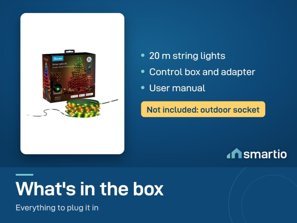 What's in the Govee String Lights 2S box: 20 m string lights, control box, power adapter, manual