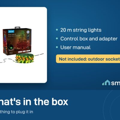 What's in the Govee String Lights 2S box: 20 m string lights, control box, power adapter, manual