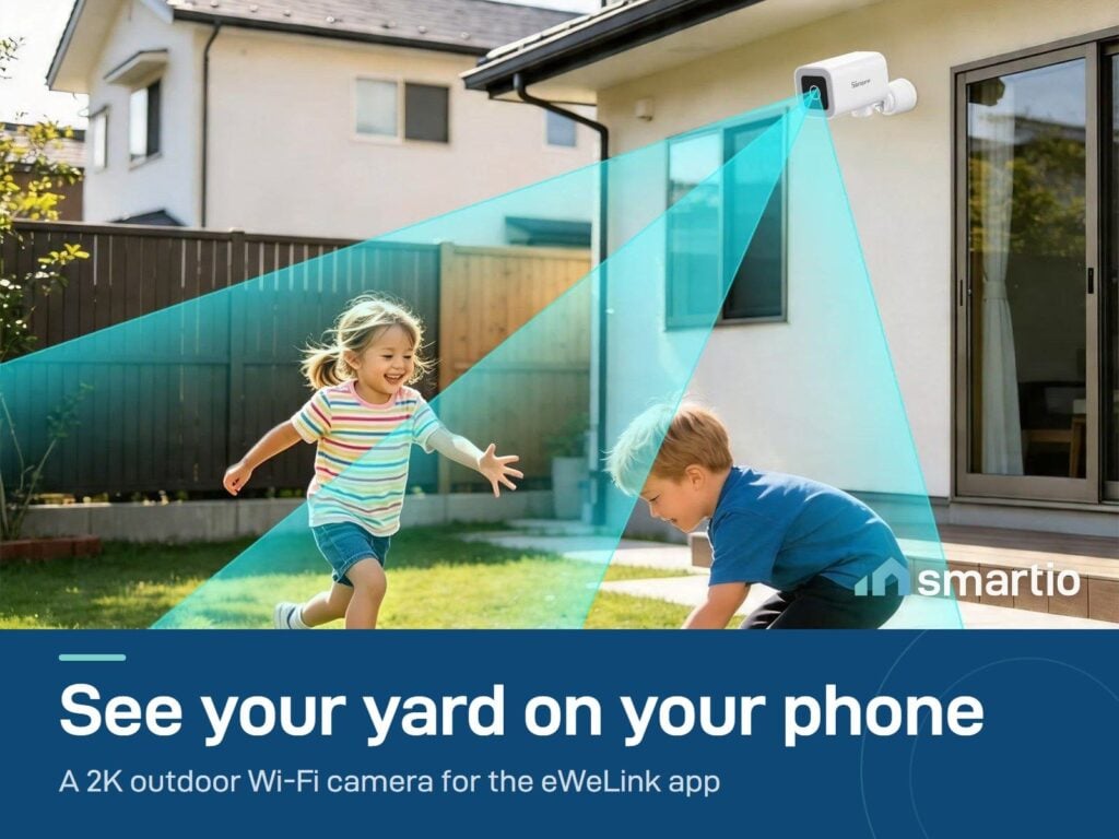 Sonoff CAM-B1P outdoor camera mounted on a house wall, watching children playing in the yard