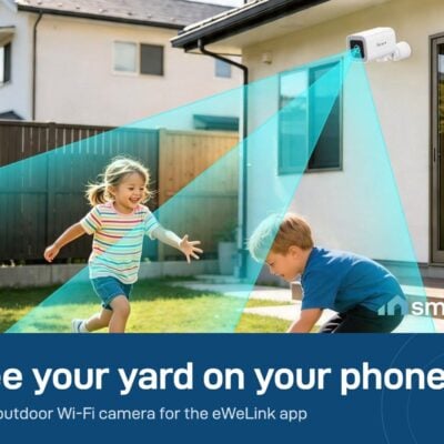Sonoff CAM-B1P outdoor camera mounted on a house wall, watching children playing in the yard