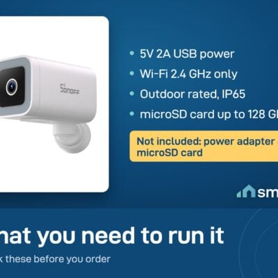 Sonoff CAM-B1P needs 5V 2A USB power and Wi-Fi 2.4 GHz. It is IP65 and records to a microSD card up to 128 GB