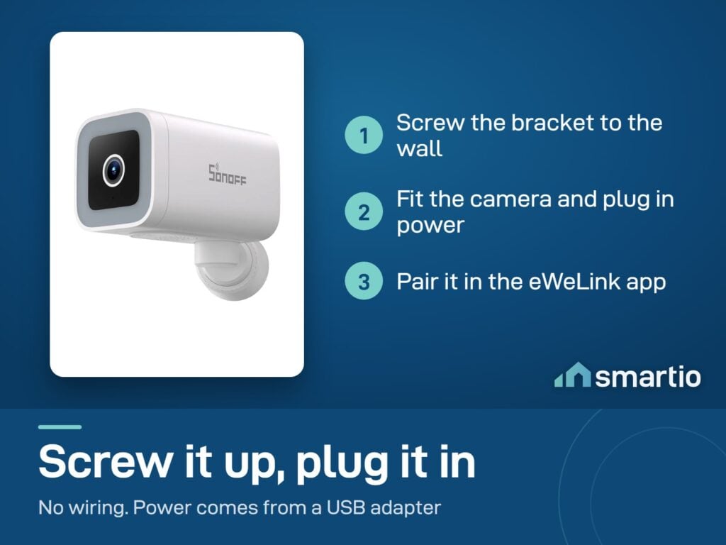 Sonoff CAM-B1P install: screw the bracket to the wall, fit the camera and plug in power, pair in the eWeLink app