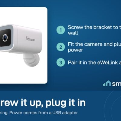 Sonoff CAM-B1P install: screw the bracket to the wall, fit the camera and plug in power, pair in the eWeLink app