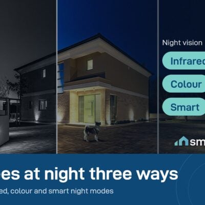 Three night views from a Sonoff CAM-B1P: infrared, colour and smart night vision
