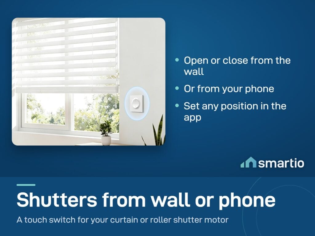 Sonoff MINI-ZBRBS-E touch wall switch beside a window with a roller blind, which it opens and closes