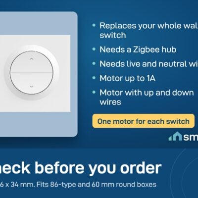 Sonoff MINI-ZBRBS-E replaces the wall switch: Zigbee hub needed, live and neutral wires, motor up to 1A with up and down wires, 86 mm plate