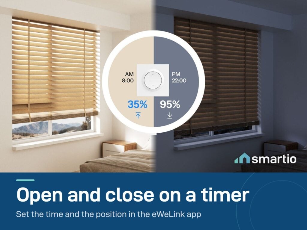 Sonoff MINI-ZBRBS-E timers: blinds set to open at 8:00 and close at 22:00 in the eWeLink app