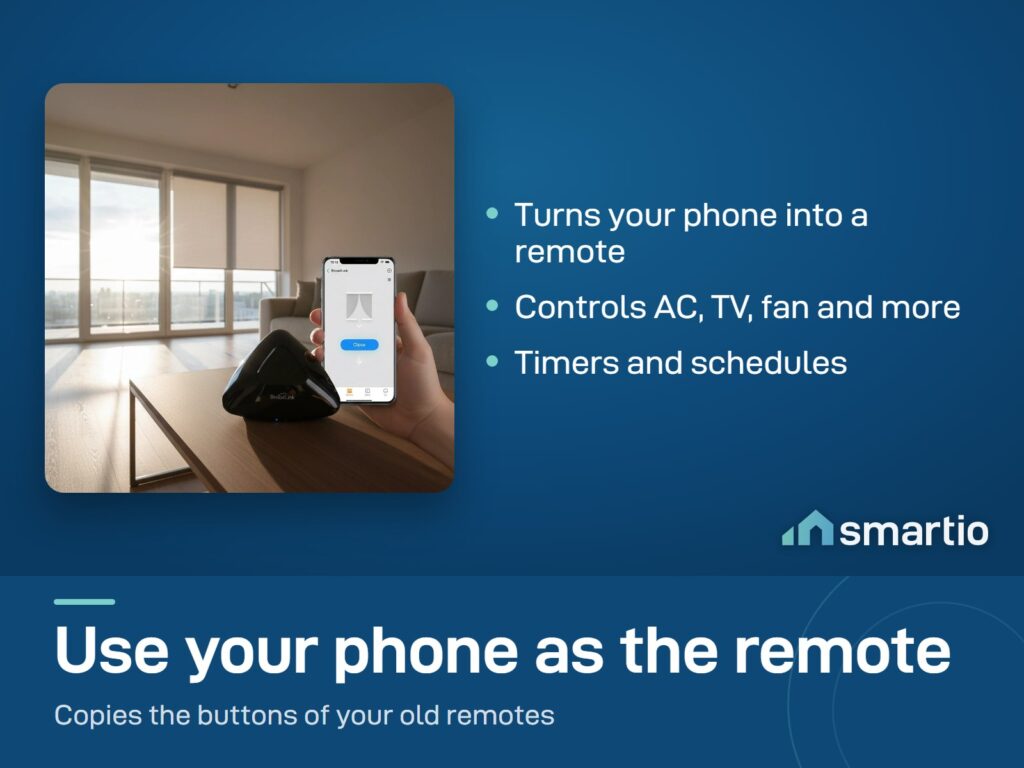 A hand holding a phone that controls a window blind, with a Broadlink RM MAX hub on the table