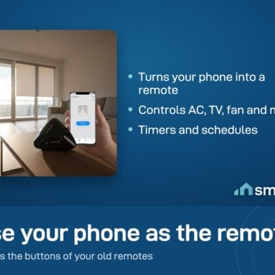 A hand holding a phone that controls a window blind, with a Broadlink RM MAX hub on the table