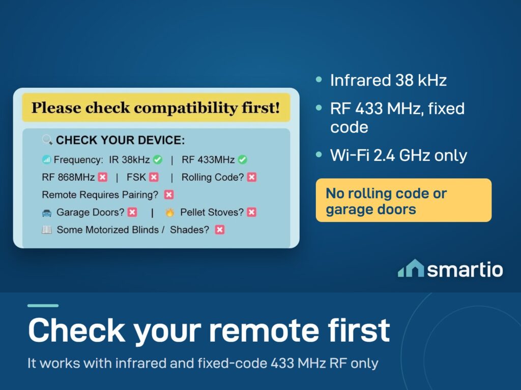 Broadlink RM MAX check list: infrared 38 kHz and 433 MHz fixed-code RF only. Not rolling code or garage doors