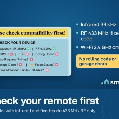 Broadlink RM MAX check list: infrared 38 kHz and 433 MHz fixed-code RF only. Not rolling code or garage doors
